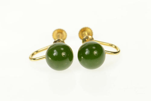 14K Retro Nephrite Sphere Screw Back Statement Earrings Yellow Gold