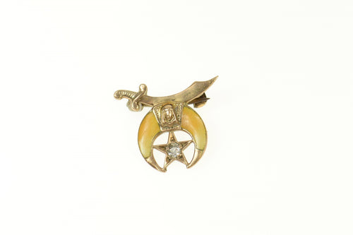 10K Shriners Enamel Diamond Moon Star Lapel Pin/Brooch Yellow Gold