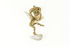 14K 1960's Pearl Emerald Eyed Cherub Angel Fairy Pin/Brooch Yellow Gold