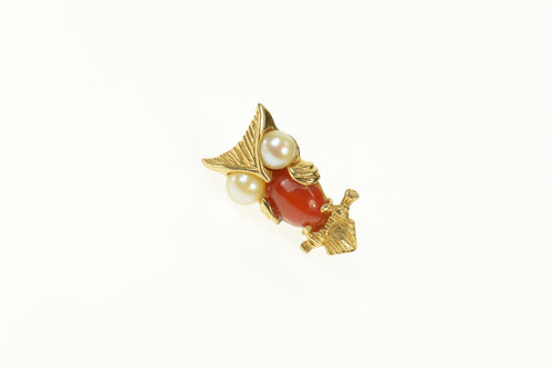 14K Retro Pearl Coral Owl Bird Wisdom Lapel Pin/Brooch Yellow Gold