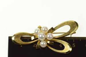 14K Mikimoto Pearl Cluster Bow Ribbon Knot Pin/Brooch Yellow Gold