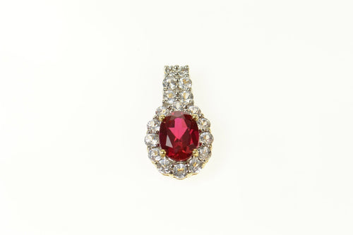 10K Oval Syn. Ruby CZ Halo Classic Statement Pendant Yellow Gold