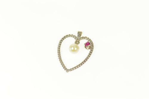 14K Retro Heart Pearl Dangle Ruby Twist Pendant White Gold