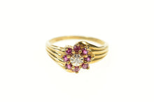 Load image into Gallery viewer, 10K Diamond Ruby Halo Round Flower Cluster Ring Size 6.5 Yellow Gold