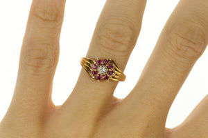 10K Diamond Ruby Halo Round Flower Cluster Ring Size 6.5 Yellow Gold