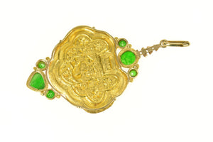 24K Chinese Ornate Carved Floral Jade Medallion Pendant Yellow Gold