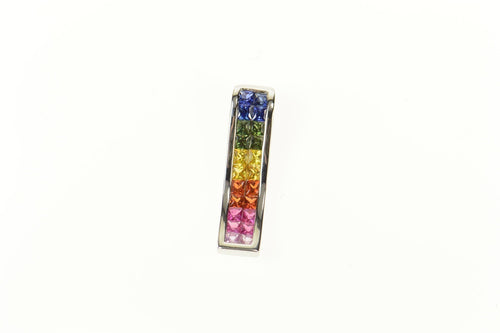14K Rainbow Princess Sapphire Wavy Bar Pendant White Gold