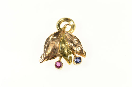 14K Black Hills Leaf Ruby Sapphire Floral Motif Pendant Yellow Gold