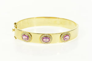 18K 7.36 Ctw Pink Sapphire Diamond Halo Bangle Bracelet 7.25" Yellow Gold