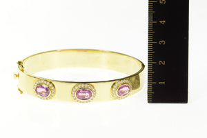 18K 7.36 Ctw Pink Sapphire Diamond Halo Bangle Bracelet 7.25" Yellow Gold
