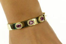 Load image into Gallery viewer, 18K 7.36 Ctw Pink Sapphire Diamond Halo Bangle Bracelet 7.25&quot; Yellow Gold