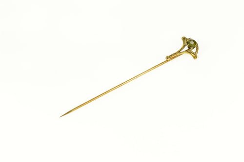 14K Victorian Peridot Ornate Etched Stick Pin Yellow Gold