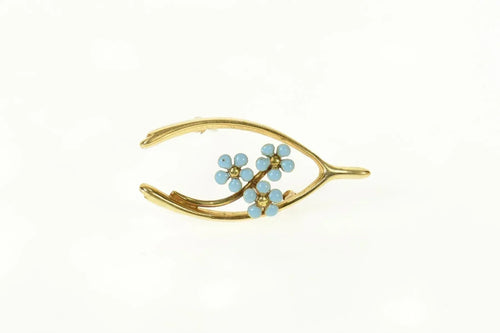 14K Blue Enamel Forget Me Not Wishbone Lucky Pin/Brooch Yellow Gold