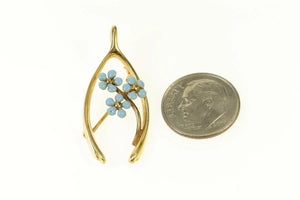14K Blue Enamel Forget Me Not Wishbone Lucky Pin/Brooch Yellow Gold