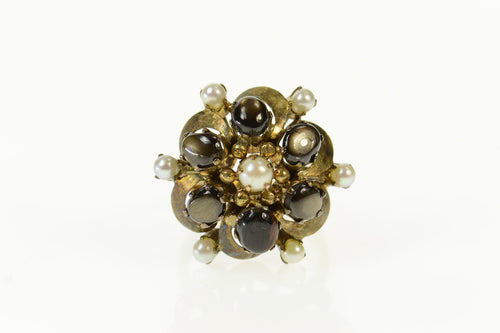 18K Retro Black Star Sapphire Pearl Cluster Cocktail Ring Size 6 Yellow Gold