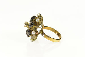 18K Retro Black Star Sapphire Pearl Cluster Cocktail Ring Size 6 Yellow Gold