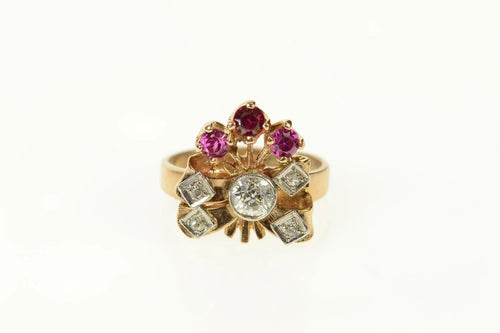 14K 0.73 Ctw 1930's Diamond Ruby Bow Statement Ring Size 5.25 Rose Gold