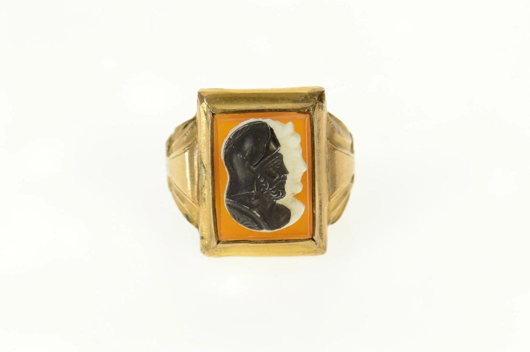 14K Carved Black Onyx Carnelian Two Face Cameo Ring Size 7.75 Yellow Gold