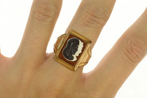 14K Carved Black Onyx Carnelian Two Face Cameo Ring Size 7.75 Yellow Gold