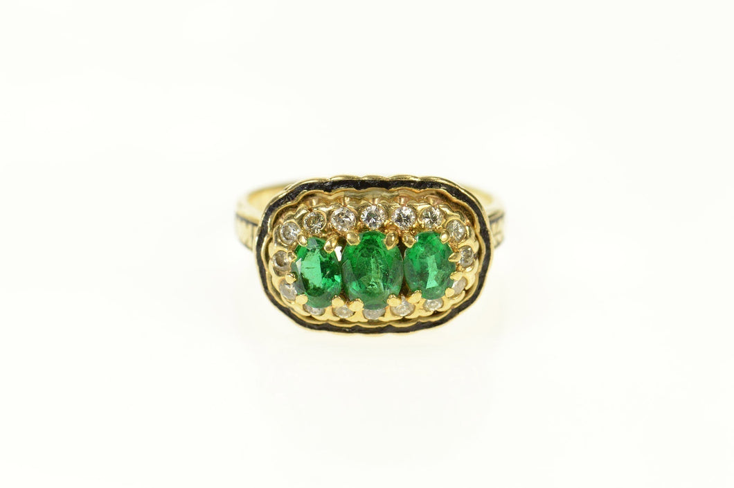 14K Art Deco 2.00 Ctw Emerald Diamond Enamel Ring Size 8 Yellow Gold