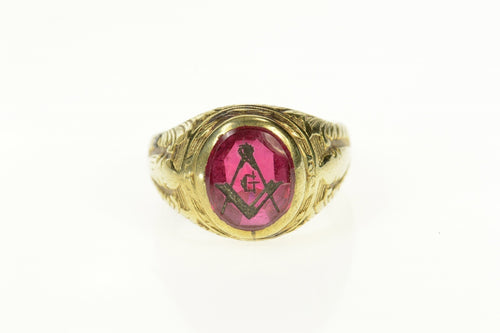 10K Art Deco Syn. Ruby Masonic Compass Squared Ring Size 9 Yellow Gold
