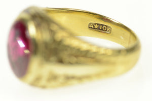 10K Art Deco Syn. Ruby Masonic Compass Squared Ring Size 9 Yellow Gold