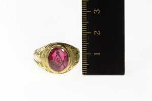 10K Art Deco Syn. Ruby Masonic Compass Squared Ring Size 9 Yellow Gold