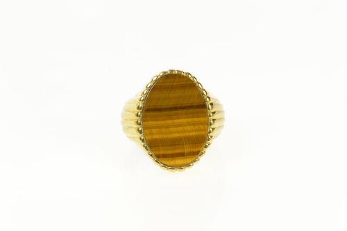 14K Retro Grooved Graduated Tiger's Eye Ring Size 7 Yellow Gold