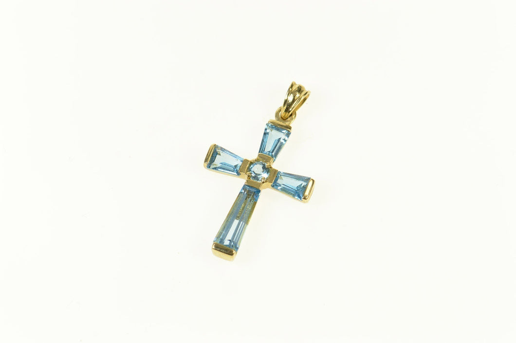 10K Blue Topaz Baguette Cross Christian Faith Pendant Yellow Gold