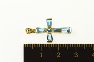 10K Blue Topaz Baguette Cross Christian Faith Pendant Yellow Gold