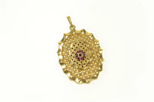 Load image into Gallery viewer, 14K Retro Ornate Scalloped Ruby Oval Locket Pendant Yellow Gold