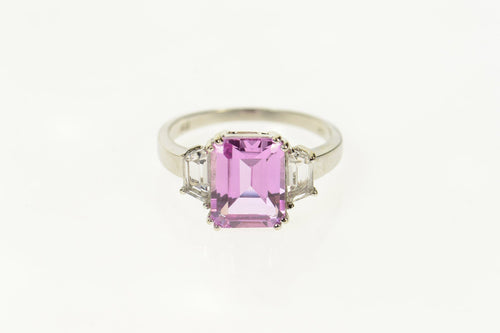 10K Emerald Cut Pink CZ Baguette Accent Ring Size 8 White Gold