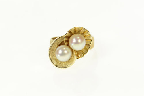 14K 1960's Ornate Pearl Two Stone Fanned Cocktail Ring Size 7 Yellow Gold