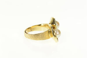 14K 1960's Ornate Pearl Two Stone Fanned Cocktail Ring Size 7 Yellow Gold