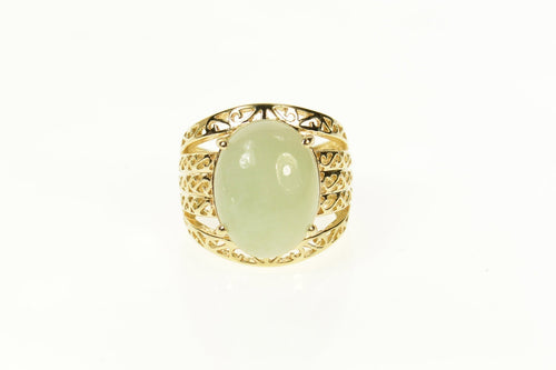14K Jadeite Cabochon Swirl Filigree Statement Ring Size 6 Yellow Gold