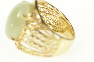 14K Jadeite Cabochon Swirl Filigree Statement Ring Size 6 Yellow Gold