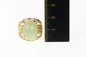 14K Jadeite Cabochon Swirl Filigree Statement Ring Size 6 Yellow Gold