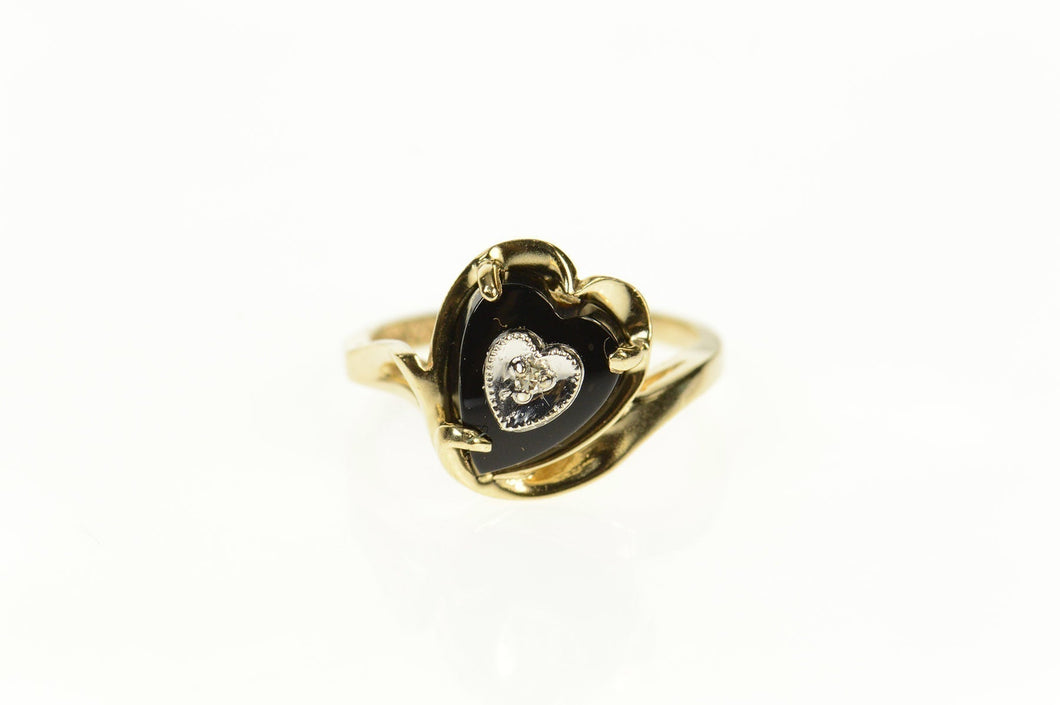 10K Heart Black Onyx Diamond Bypass Retro Ring Size 5.5 Yellow Gold
