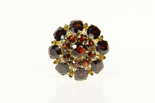 Load image into Gallery viewer, 14K Oval Garnet Halo Cluster Ornate Cocktail Ring Size 7.5 Yellow Gold