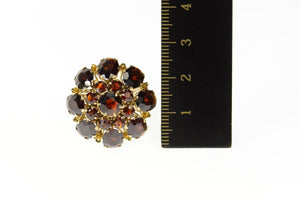 14K Oval Garnet Halo Cluster Ornate Cocktail Ring Size 7.5 Yellow Gold