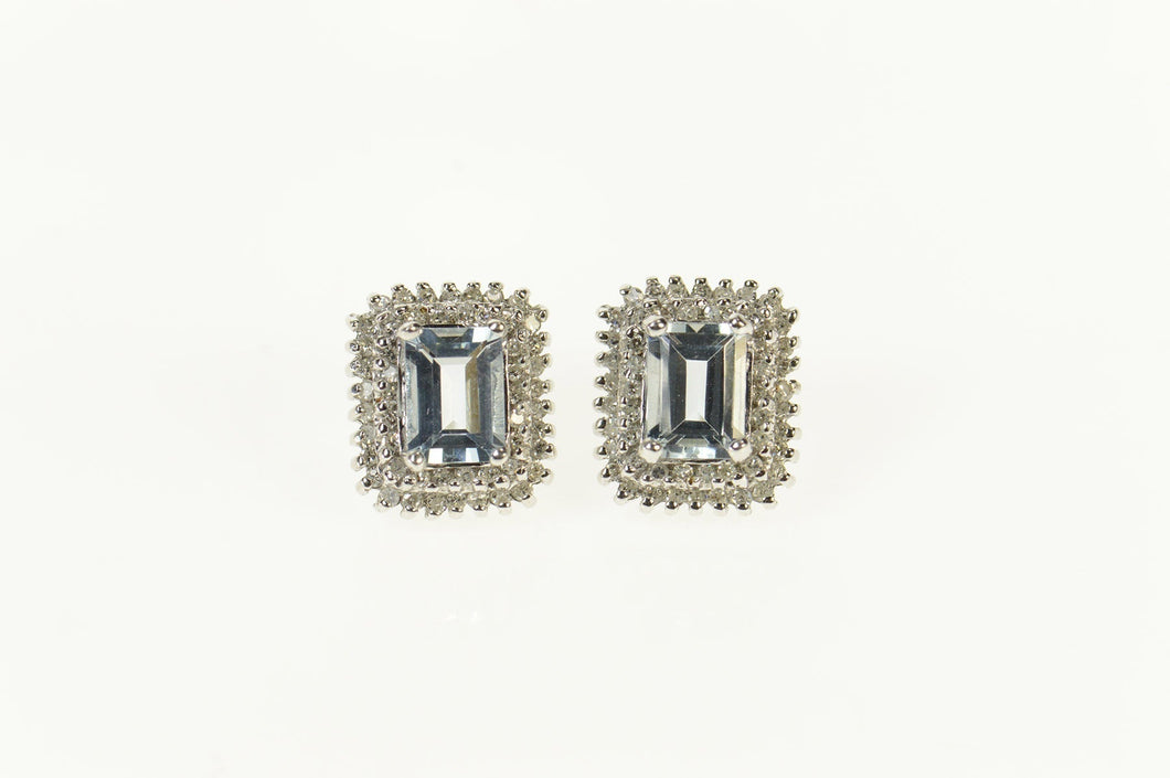 10K Emerald Cut Aquamarine Diamond Halo Stud Earrings White Gold