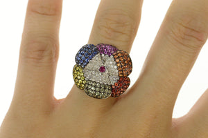 18K 8.20 Ctw Pave Sapphire Diamond Flower Cocktail Ring Size 7.75 White Gold