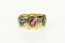 Load image into Gallery viewer, 18K Natural Ruby Sapphire Banded Statement Ring Size 7.75 Yellow Gold
