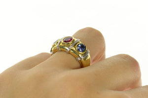 18K Natural Ruby Sapphire Banded Statement Ring Size 7.75 Yellow Gold