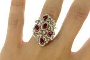 18K Pear Syn. Ruby 2.00 Ctw Diamond Cocktail Ring Size 7.25 White Gold