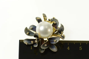 18K JY Designer Pearl Enamel Diamond Flower Pendant Yellow Gold