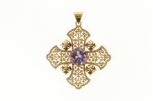Load image into Gallery viewer, 14K Elaborate Jerusalem Cross Syn. Sapphire Pendant Yellow Gold