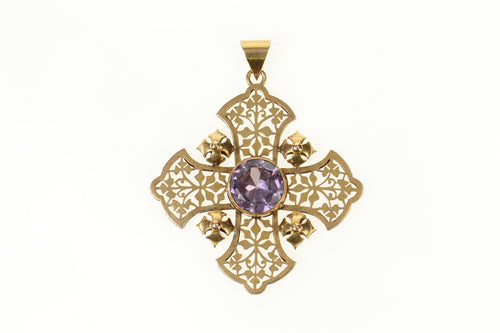 14K Elaborate Jerusalem Cross Syn. Sapphire Pendant Yellow Gold