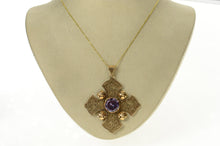 Load image into Gallery viewer, 14K Elaborate Jerusalem Cross Syn. Sapphire Pendant Yellow Gold