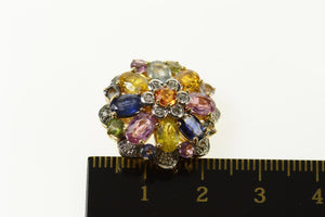 14K Sapphire Topaz Diamond Ornate Flower Cluster Pendant White Gold
